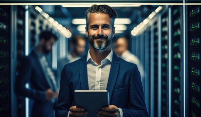 IT Specialist Holding Laptop and working at a Data Center.