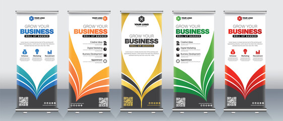 Modern concept color full Roll up banner for business event and presentations in red, orange, gold, green and blue colors - obrazy, fototapety, plakaty