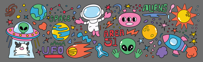 Set of 70s groovy element vector. Collection of cartoon character, doodle smile face, UFO, UAP, alien, spaceship, rocket, saturn, cow. Cute retro groovy hippie design for decorative, sticker, kids.