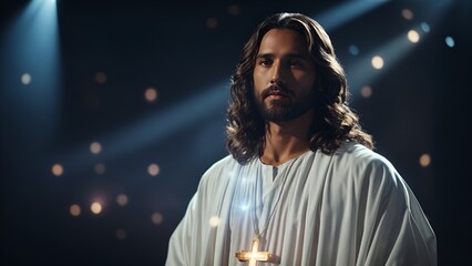 futuristic portrait of Jesus Christ on the stage, a modern concept for a Christian concert