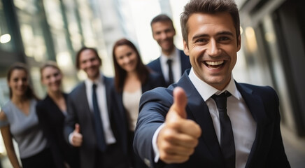 Fototapeta premium Cheerful man showing thumbs up sign in front of business team.