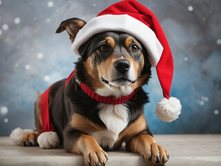 A greede dog with rd christmas hat