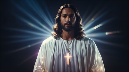 futuristic portrait of Jesus and the cross with rays of Holographic lights in a dark background, a modern concept for Christian concert