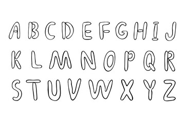 Hand drawn alphabet.Doodle style font on isolated white background.Vector illustration.ABC.
