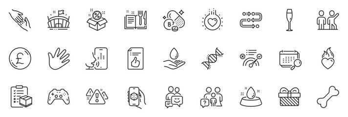 Fototapeta na wymiar Icons pack as Family questions, Correct answer and Methodology line icons for app include Gamepad, Biotin vitamin, Hand outline thin icon web set. Parcel checklist, Dog bone. Vector