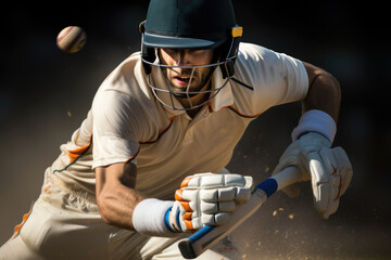 Cricket Batsman Hitting Ball During Cricket Match In Stadium, Cricket player on the field in action. - Powered by Adobe