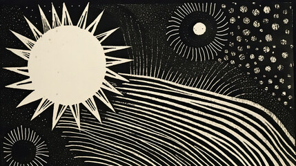 Sun artistic ilustration woodcut print in black and white