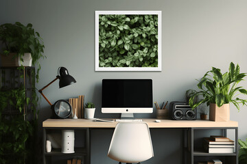 Table top pattern poster with computer monitor inside a gray house with plants.
