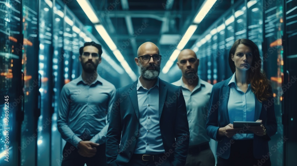 Poster group of it specialist standing in a server room or data center.