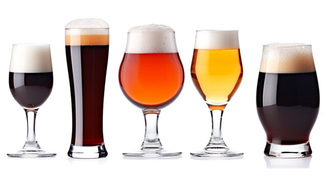 Set of different types of beer in glasses isolated on a white background. Selective focus