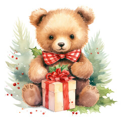 Watercolor Christmas teddy bear gift box celebration clipart
