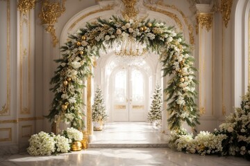 Fototapeta na wymiar An elaborately designed Christmas wreath with delicate white flowers and gleaming gold accents, displayed on a big entry door in a classic and elegant manner.