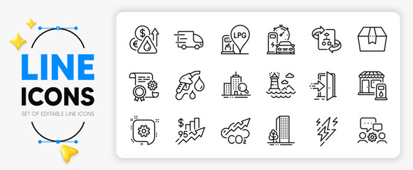 Package box, Entrance and Co2 line icons set for app include Cogwheel, Technical algorithm, Filling station outline thin icon. Lightning bolt, Petrol station, Lighthouse pictogram icon. Vector