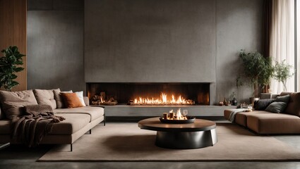 A modern fireplace and a concrete wall can be seen in this minimalist contemporary living room, which has a warm ambiance. 