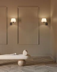 Hallway interior , lobby design with bench , wall lights and empty wall space , 3d rendering