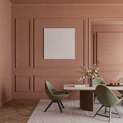 Dining room interior with empty poster frame and decor , 3d rendering