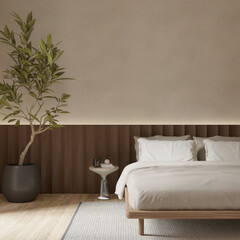 Modern japandi bedroom interior with tree plant and empty wall space , 3d rendering