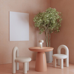 Modern playful dining room interior , cafe corner , with empty poster frame mock up and tree plant , 3d rendering
