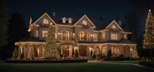 A large, luxurious house with a front yard tree that is towering with dazzling Christmas lights that exudes warmth and elegance 