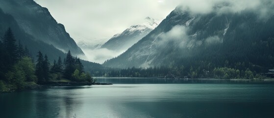 a rustic scene of a like and bay in a mountain valley with light gray and teal colors. - obrazy, fototapety, plakaty