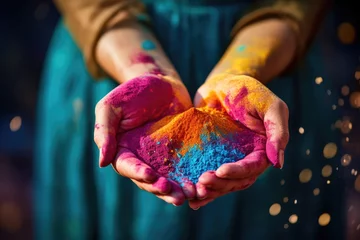 Foto op Aluminium Colorful holi powder in the hands of a girl. Indian festival Holi, Colorful holi powder in hands. Indian festival Holi background, AI Generated © Ifti Digital
