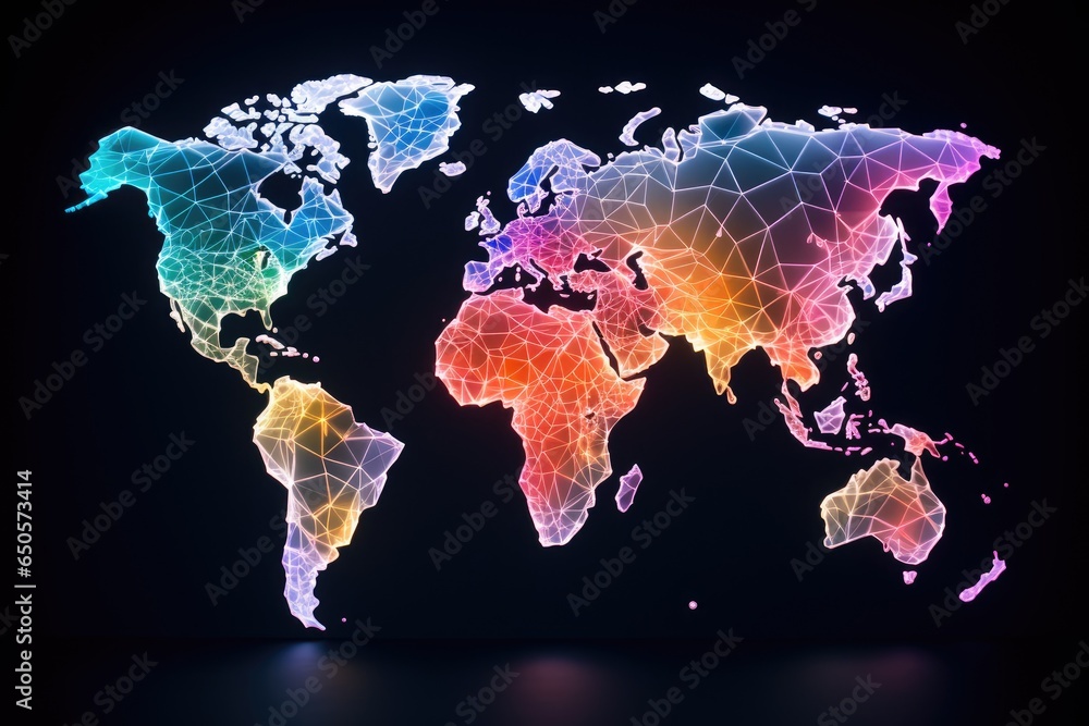 Poster colorful polygonal world map on dark background. 3d rendering, colorful world map hologram with ever