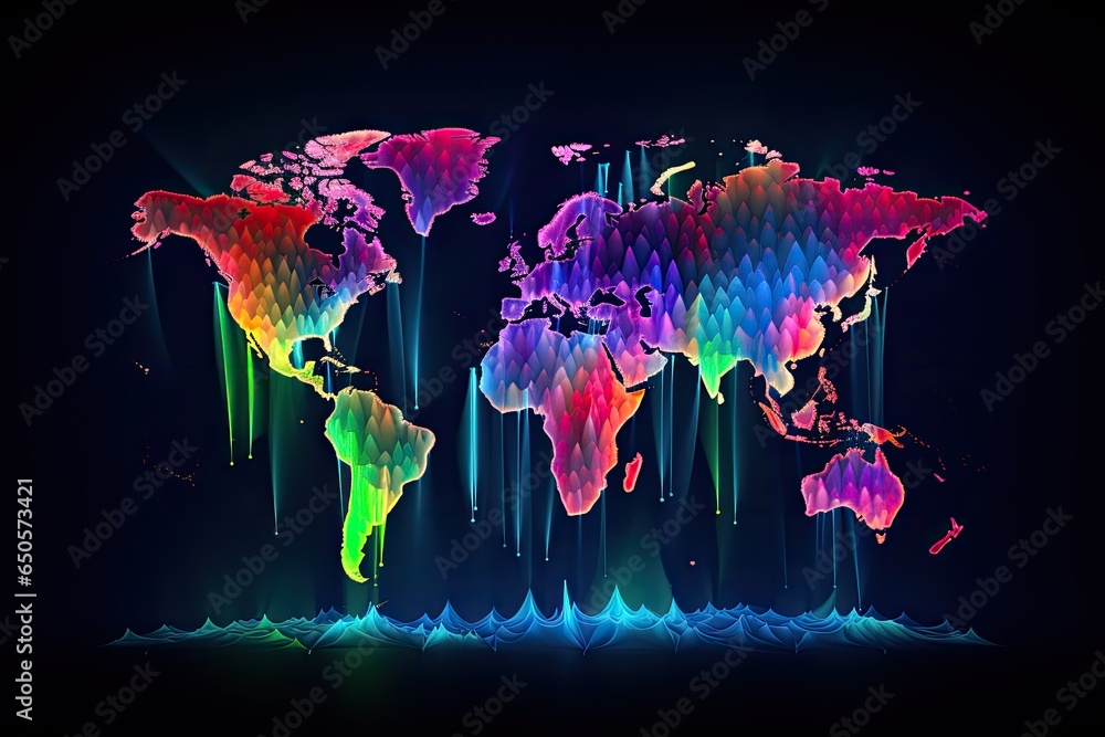 Poster abstract world map with colorful lights on dark background. vector illustration, colorful world map 