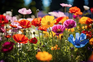 Colorful cosmos flowers blooming in the garden on sunny summer day, Colorful wildflowers blooming in a garden on a sunny day, AI Generated