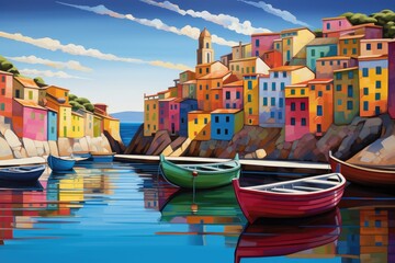 Composite image of colorful houses and boats in the water, Colorful seashore city landscape view...
