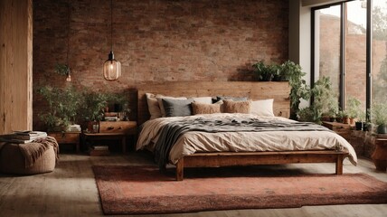 With a wooden bed frame, a brick wall, and a cozy, inviting rug, this contemporary bedroom has a rustic atmosphere.