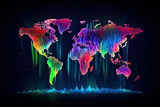 Abstract world map with colorful lights on dark background. Vector illustration, Colorful world map hologram with every individual country with different colors, AI Generated