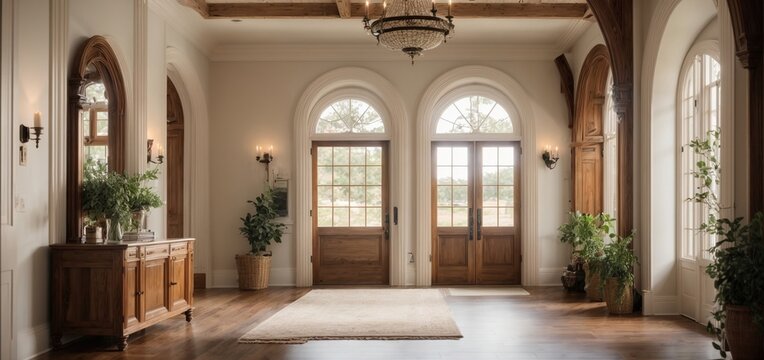 a modern farmhouse by a gorgeous corridor with a huge arched entryway, decorated with intricate woodwork, and a rustic charm. 