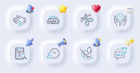 Leaf dew, Time management and Donation money line icons. Buttons with 3d bell, chat speech, cursor. Pack of Arena stadium, Promotion bell, Search analysis icon. Safe time, Scissors pictogram. Vector