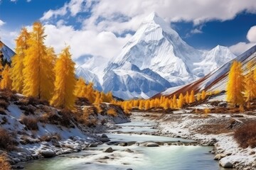 Autumn in Yading national level reserve, Daocheng, Sichuan Province, China, Colorful in autumn forest and snow mountain at Yading nature reserve, AI Generated