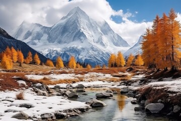 Autumn mountain landscape with yellow larch trees and snow-capped peaks, Colorful in autumn forest and snow mountain at Yading nature reserve, AI Generated - obrazy, fototapety, plakaty