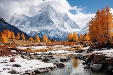  Autumn mountain landscape with yellow larch trees and snow-capped peaks, Colorful in autumn forest and snow mountain at Yading nature reserve, AI Generated © Ifti Digital