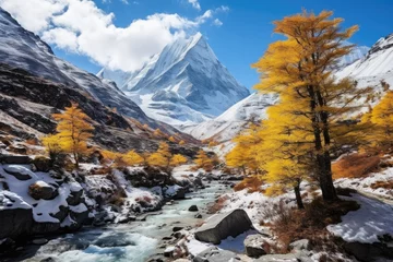 Deurstickers Beautiful mountain landscape with river and autumn trees in Himalayas, Nepal, Colorful in autumn forest and snow mountain at Yading nature reserve, AI Generated © Ifti Digital