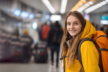 A smiling young woman carrying a backpack at the airport, travelling