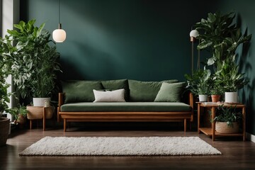 Obraz premium Sofa made of wood with white cushions next to a wall that is dark green. houseplant and potted tree on a side table. Stylish modern living room interior design