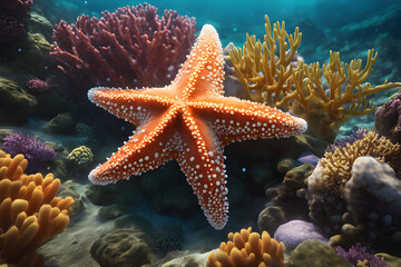 Starfish in a coral reef with a blue ocean background.