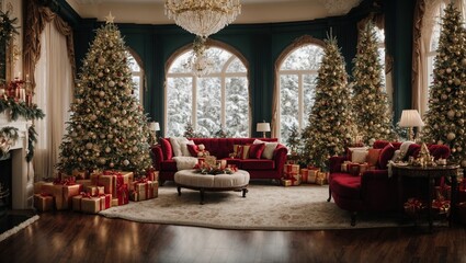 Fototapeta na wymiar  a lavish room decorated for the holidays with elaborate Christmas decorations and opulent furnishings, you will feel the charm of the season. 