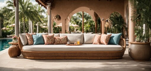  poolside lounge area, complete with a magnificent rattan sofa and artistically patterned pillows, is the ideal fusion of beauty and relaxation. Experience our leisure trip's tranquil atmosphere first