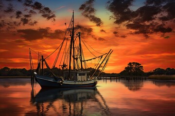 Fototapeta premium Fishing boat on the water at sunset with a reflection in water and a beautiful sky. Dramatic sky and beautiful nature background., Wonderful seascape.