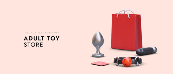 Adult toy store. Color advertising poster. Hot games. Red gift bag without label, vibrator, condom, butt plug, breathable gag with strap. Mockup for sex shop