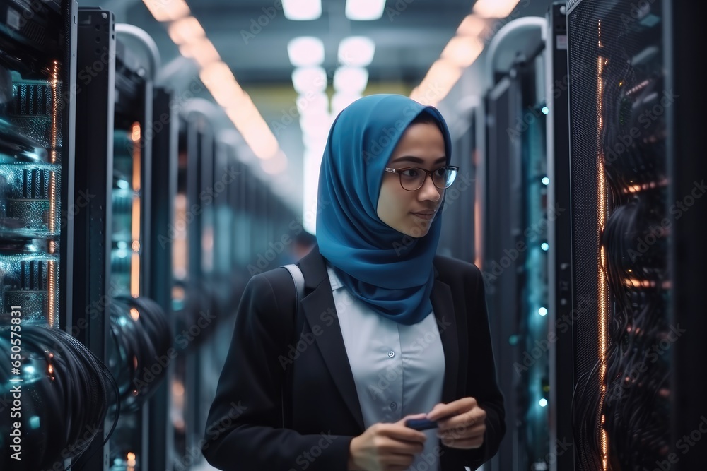 Poster muslim lady technician working in a server room with servers in the background