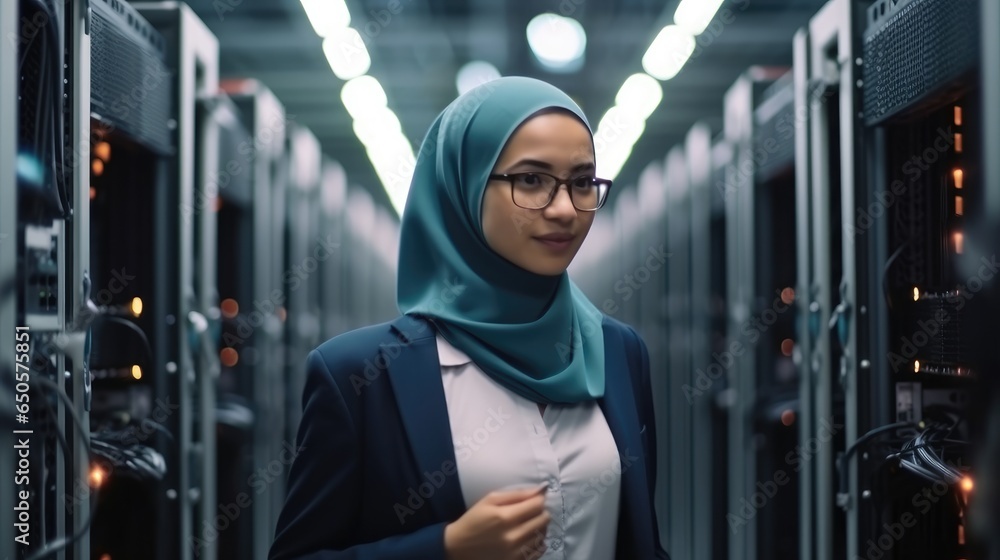 Aufkleber muslim woman it technician working in a data center or operational server room.