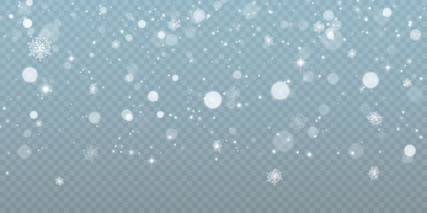 Snowfall winter Christmas background for overlay effect on transparent background. Vector 2024