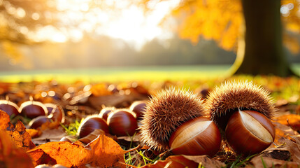 Herbst Impression mit Nüssen auf der Erde - Kastanien