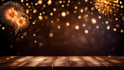 Golden fireworks with bokeh background and brown wood texture. Christmas eve, new year, holiday concept. space for text.