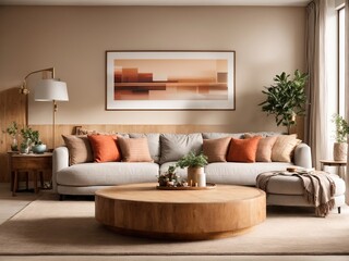 Stylish living area with a round wooden coffee table next to a plush beige sofa covered in cushions and patterns. There is a large  poster frame on the wall.